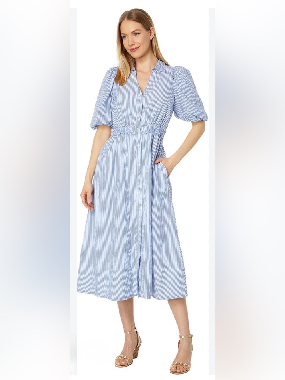 Lilly Pulitzer Blue White Stripe Puff Sleeve Midi Dress Size 12